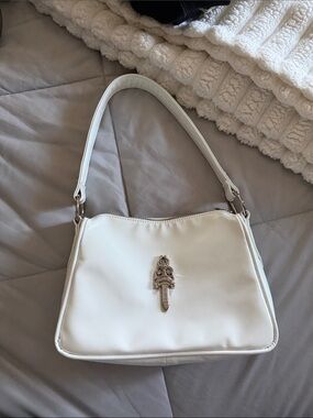 White Women's Shoulder Bag with Decorative Silver Accent